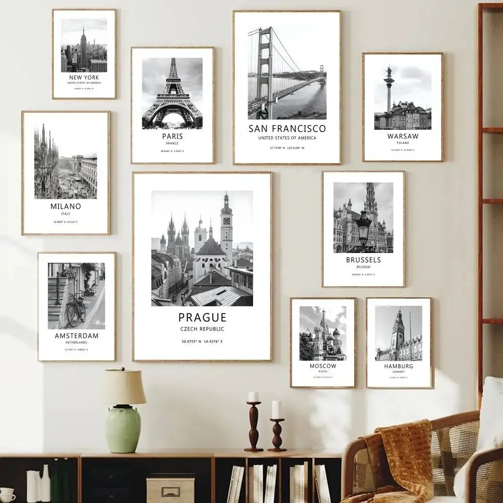 Vintage Black White City View Wall Art Prints Paris New York Prague Milano Landmark Poster for Apartment Office Home Decoration