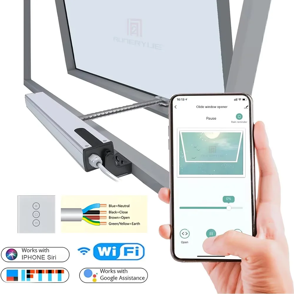 

Smart Home Window Opener - 110-240V AC Motor, WiFi/App/Wired Panel Control, Alexa & Google Assistant