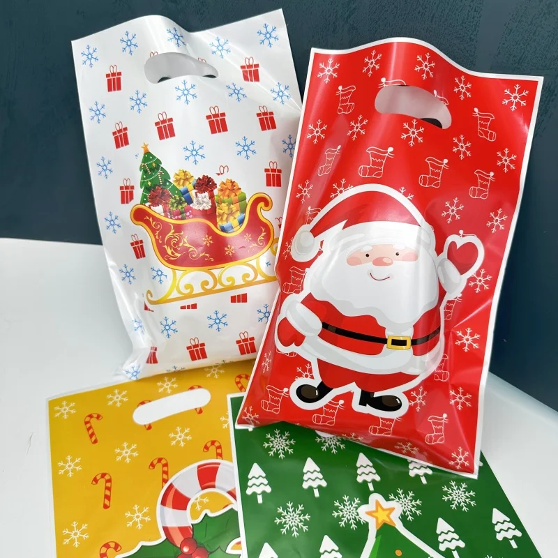 

Christmas Plastic Handle Bag Santa Claus Guest Gift Wrap Bag Pretty Jewelry Earring New Year Party Packaging Shopping Pouch