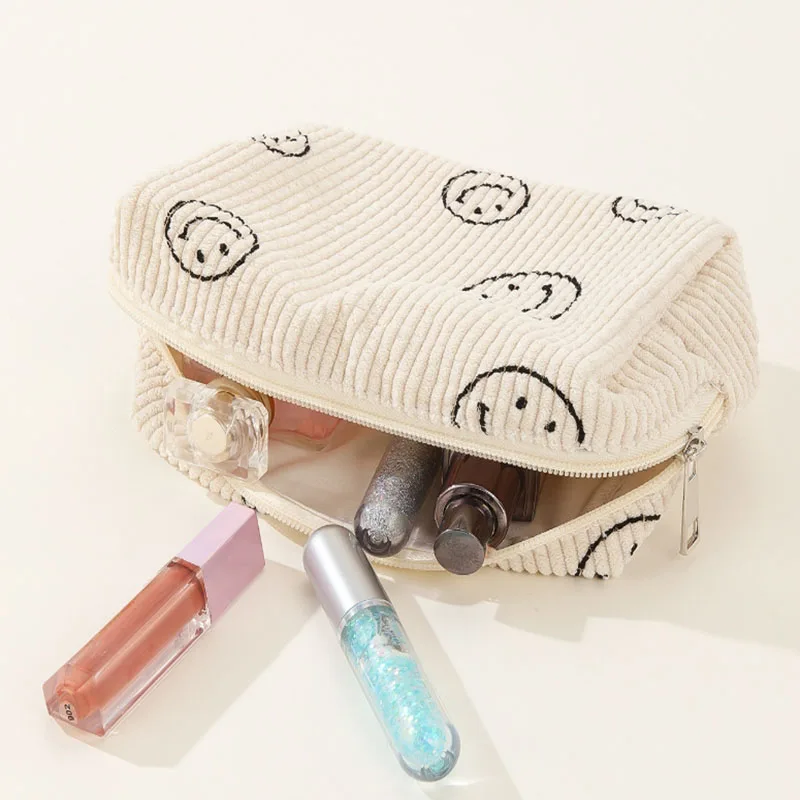 1PC Smiling Face Corduroy Makeup Bag with Large Capacity Storage, Wash Bag, College Style Travel Storage, Smiling Bag