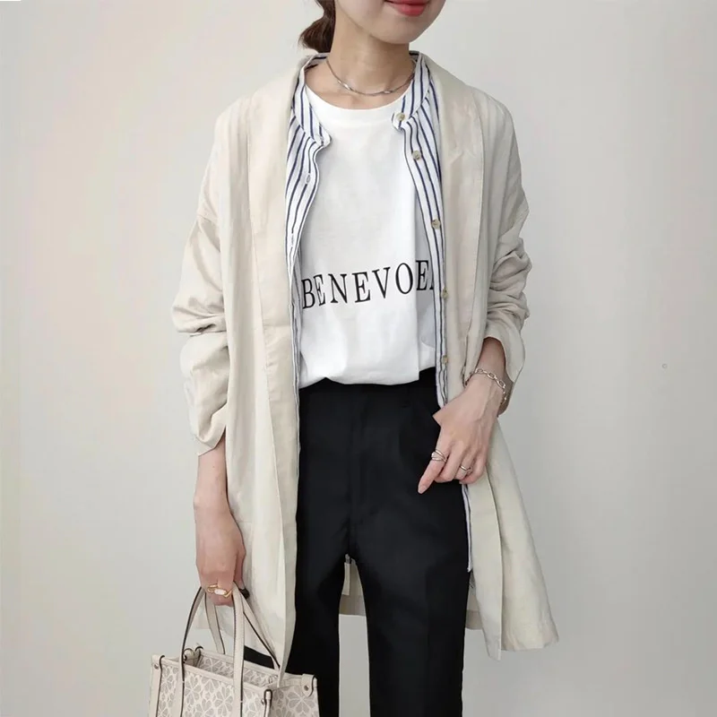 Apricot Linen Small Suit Women's Literary Loose Casual Small Crowd Design Sense Solid Color Long Sleeve Polo Coat 0803