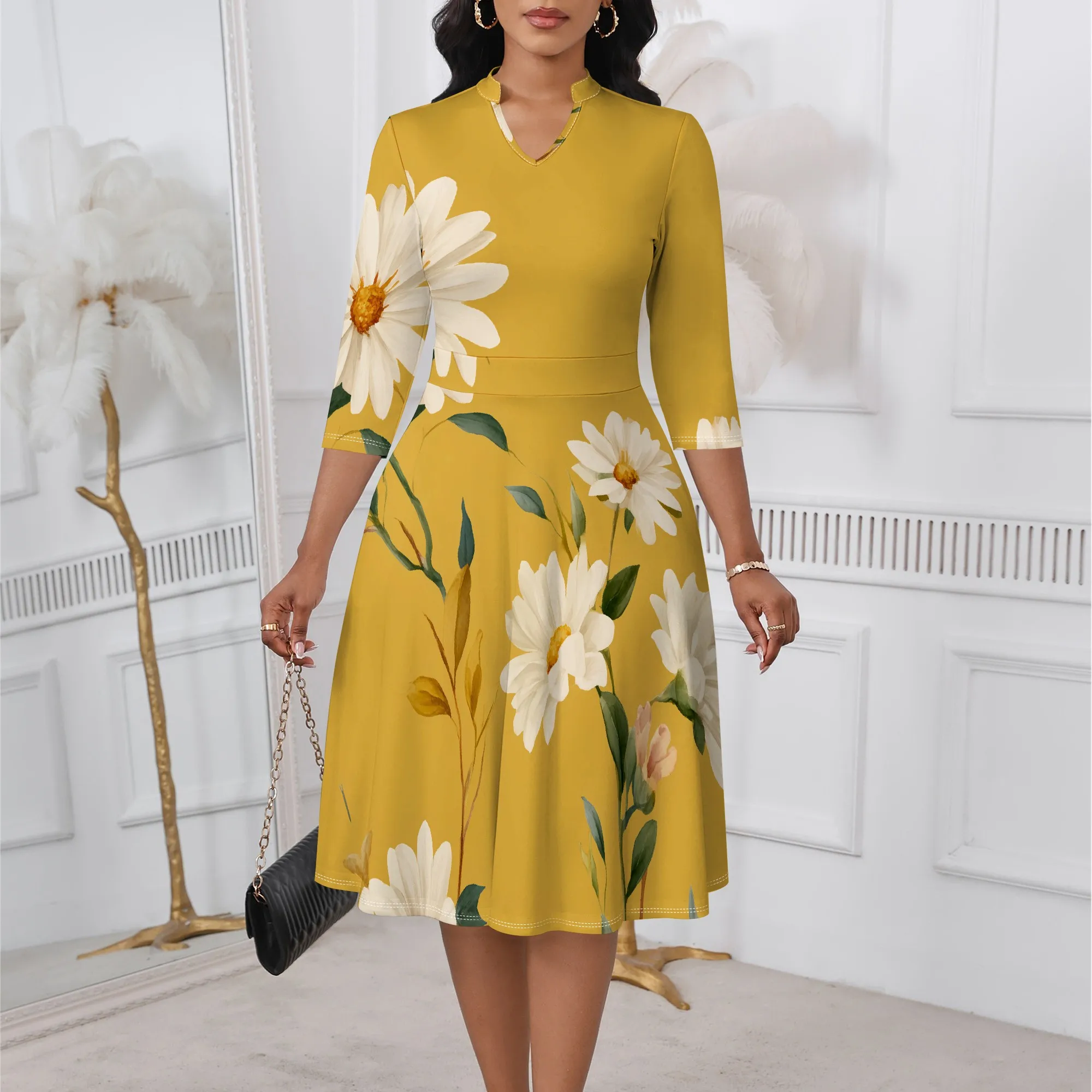 

Yellow Daisy A-Line Dress XS-3XL 3/4 Sleeve Spring Style for Easter Sunday, Mother’s Day Brunch or Garden Party Look