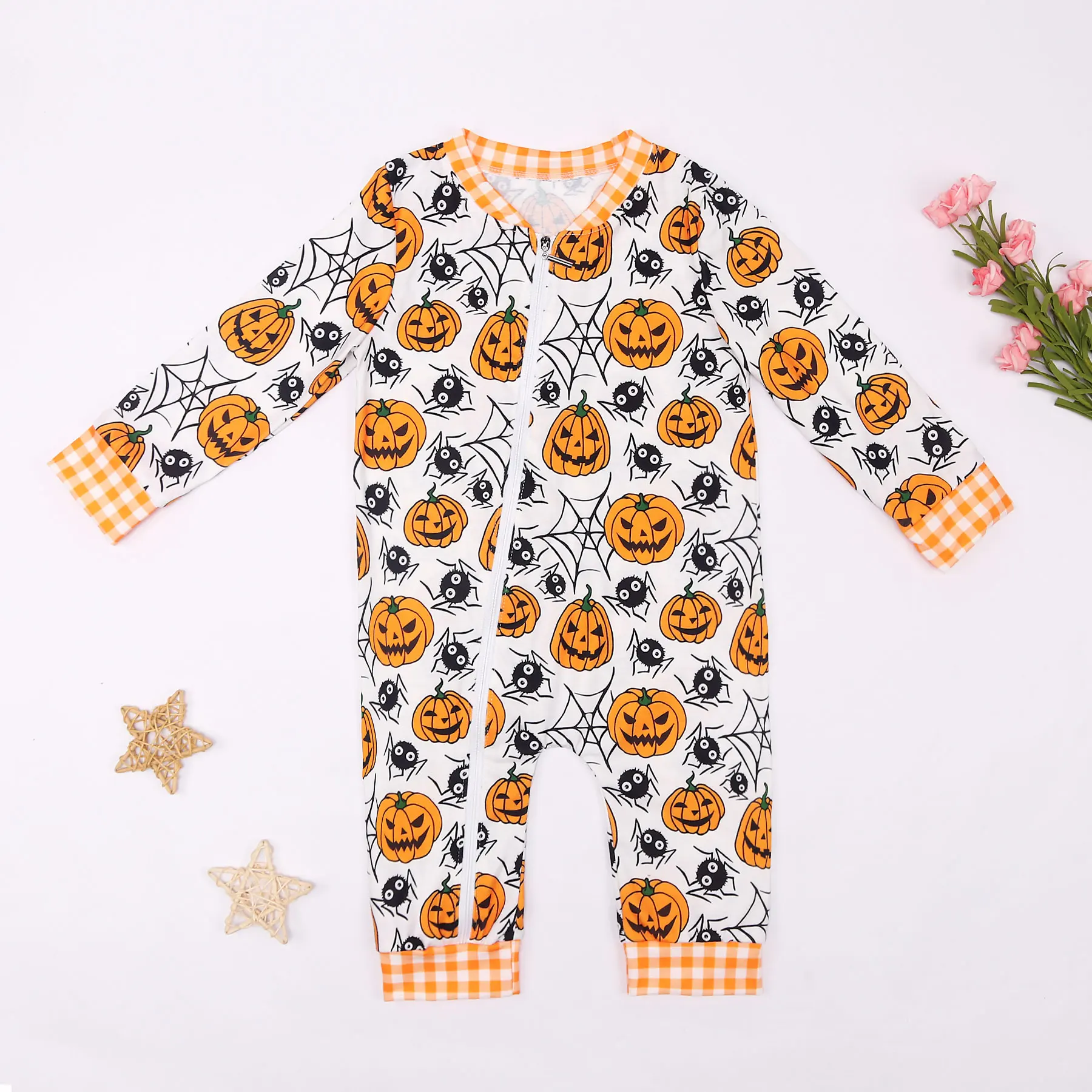 

Halloween Pajamas Jumpsuit Baby Boys Clothes Pumpkin Spider Bubble Romper 0-3T Long Sleeve Short Printing Bodysuit Babi Outfit