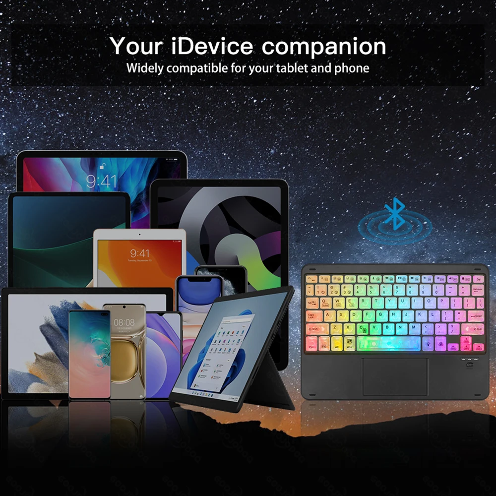 Teclado Bluetooth sem fio retroiluminado arco-íris RGB com touchpad para iPad IOS Android Windows com botões transparentes