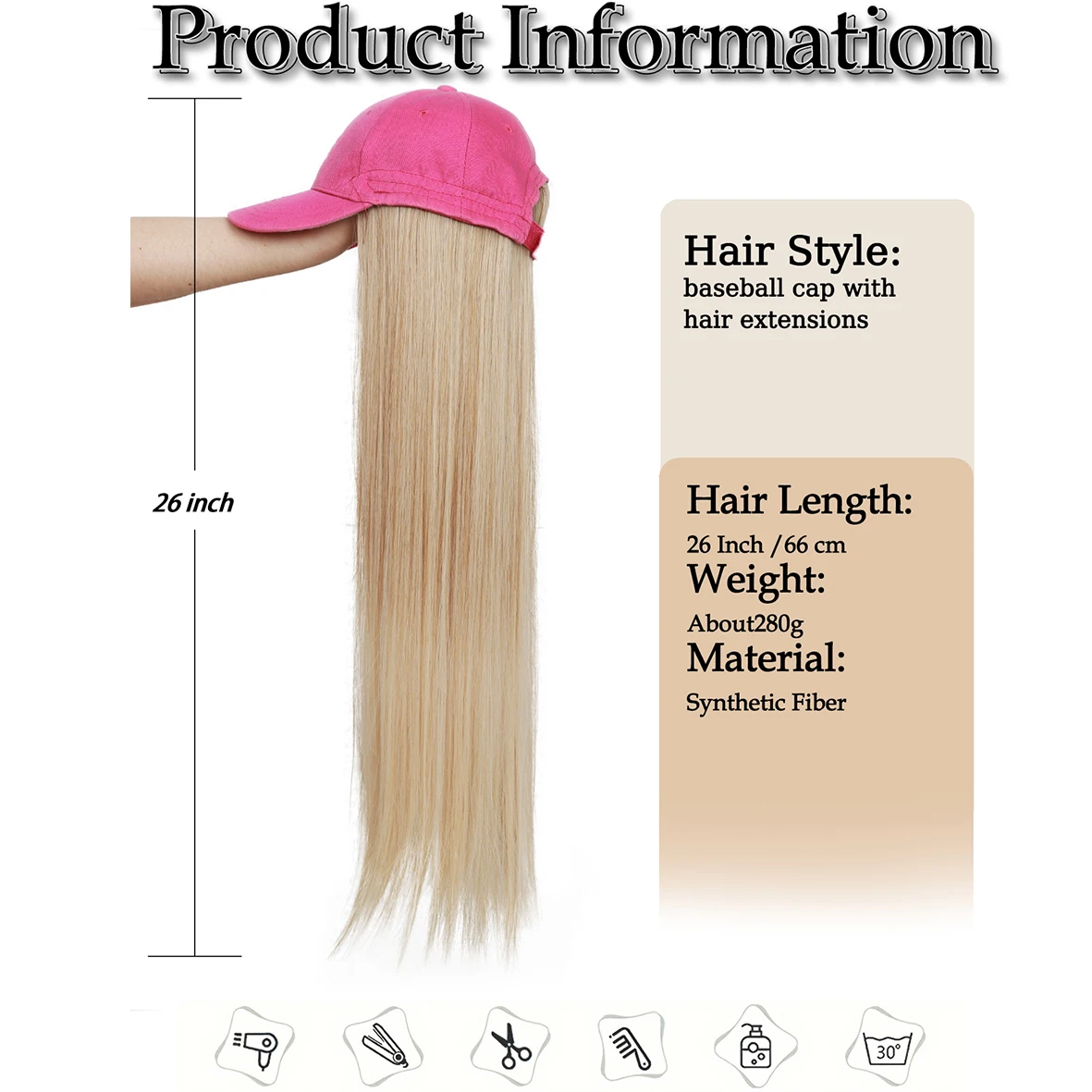 Long Straight Synthetic Baseball Cap Hair Wig for Girl Hair Wig Naturally Connect Hat Wigs Adjustable