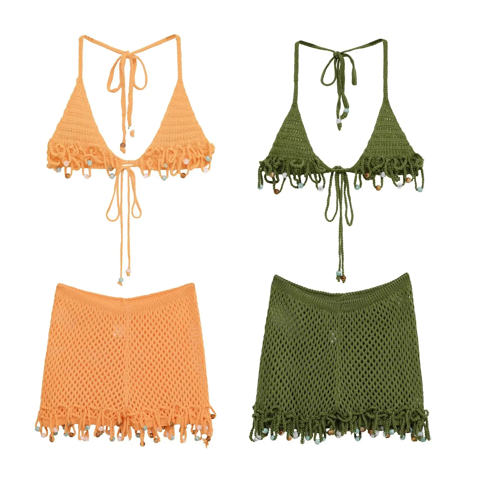 

BM&MD&ZA Women's All - Handmade Pearl Knitted Crochet Spaghetti - Strap Top and Knitted Crochet Shorts Bikini Set