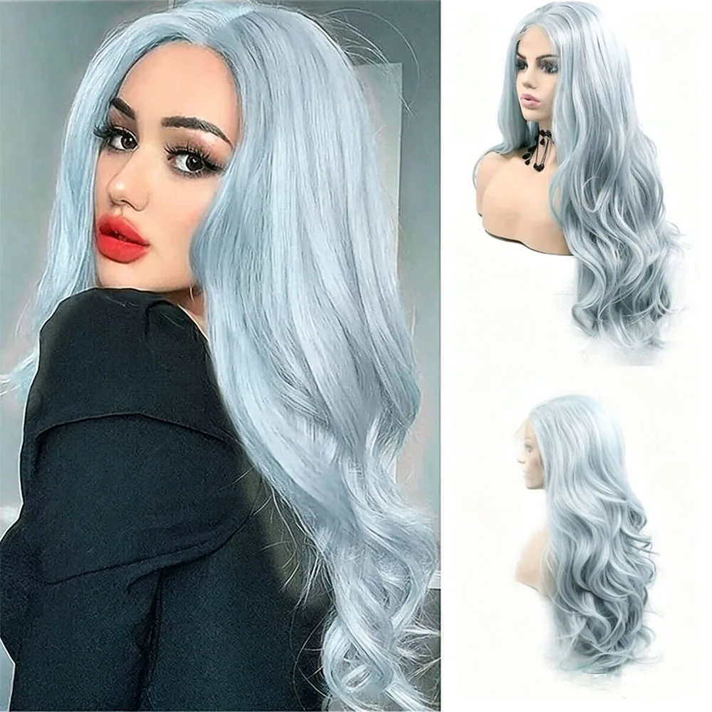 13x4 Synthetic Lace Front Wig Deep Curly 26 Inch Light Blue, Pre-Plucked Hairline with Baby Hair, Glueless & Heat Resistant, Natural Looking for Daily Wear, Parties, Cosplay & Holiday Use