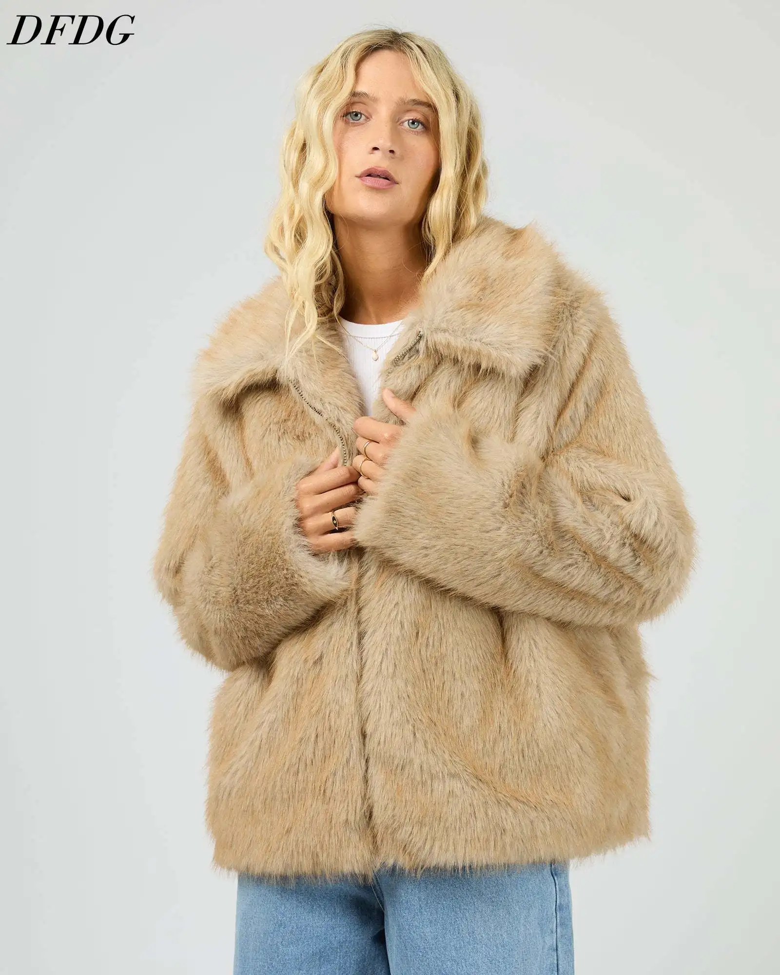 DFDG Women Faux Fur Jacket Lapel Collar Thick Warm Fluffy Plush Coat Casual Loose Winter Outerwear For Daily Streetwear Fur