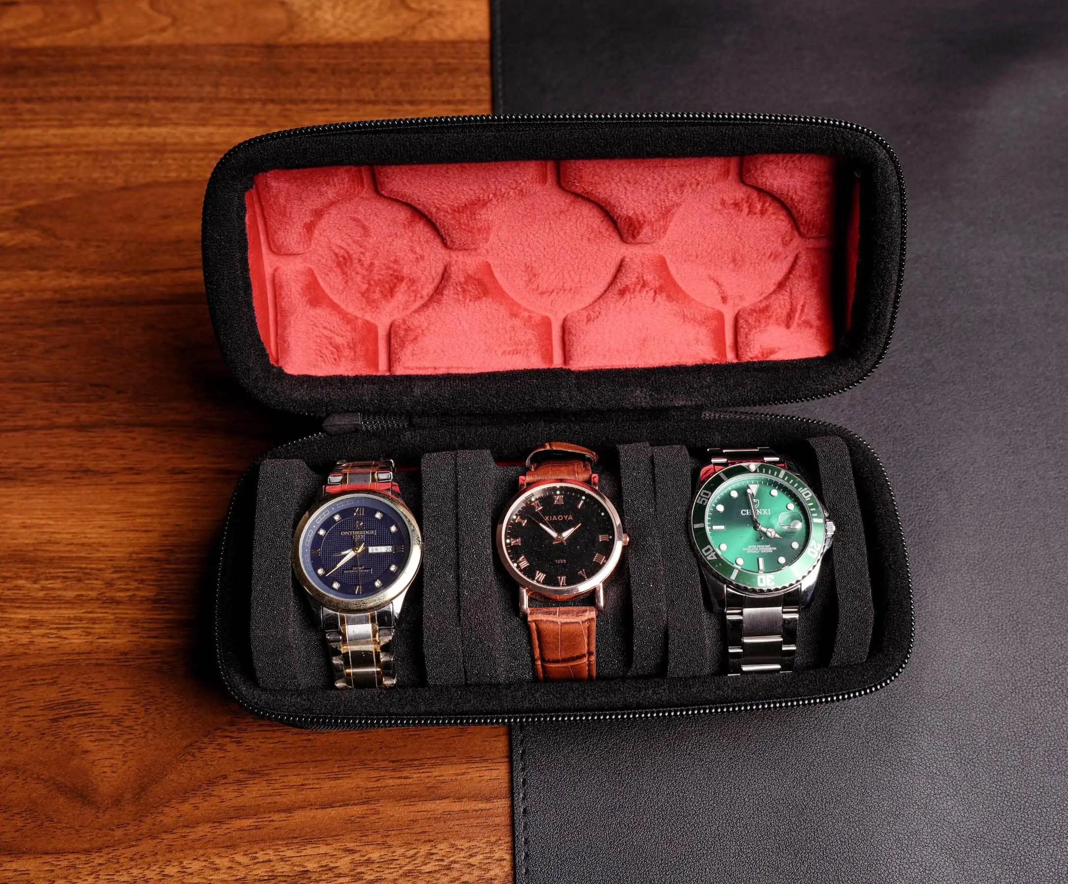 2/3/5 Slots Watch Travel Case,Hard Watch Roll, Travel Watch Organizer Case with Form-Fitting Pillow, Red Microfiber Lining