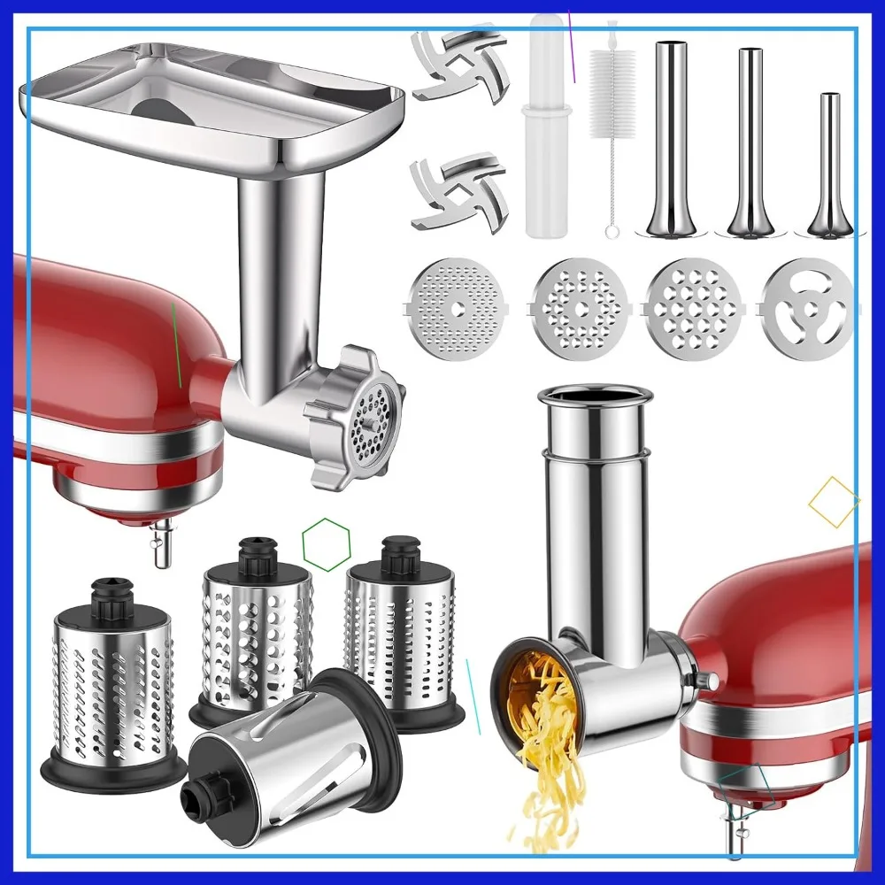 

Kitchen Mixer Meat Grinder & Stainless Steel Slicer Shredder Attachment Set with Sausage Stuffer Tubes