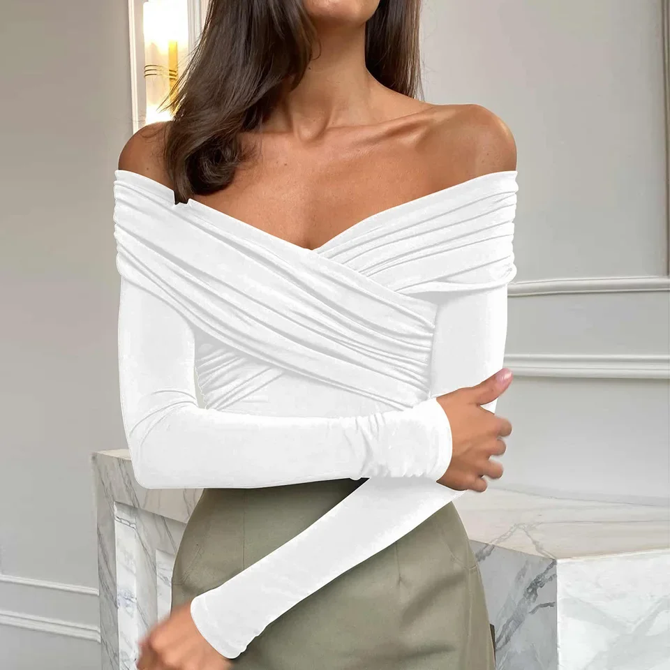 

Black White Fashionable Versatile Patchwork Tops For Women Pleated Slim Sexy High Waist Long Sleeve Off-Shoulder Tops Streetwear
