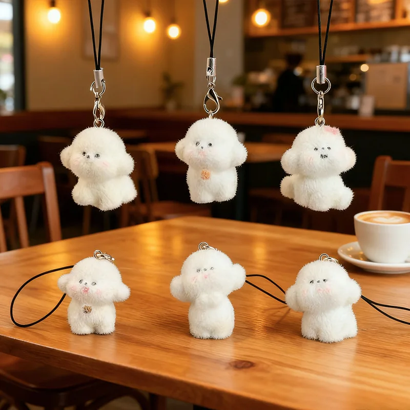6Pcs Cute 3D Flocking Resin Dog Charms Mini Phone Lanyard Pendants Decorative Ornaments Keychain Bag Accessories