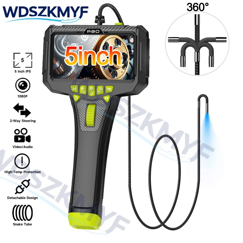 360 °   Caméra endoscopique industrielle orientable 6 mm avec écran IPS 5 pouces, objectif unique, étanche, pour inspection de voitures/tuyaux/réparation