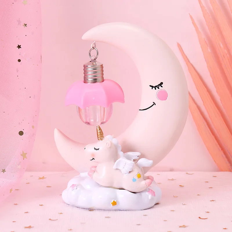 LED Cartoon Moon Night Light, lâmpada de resina, lâmpada para bebê, decoração romântica do quarto, presente infantil, bonito unicórnio