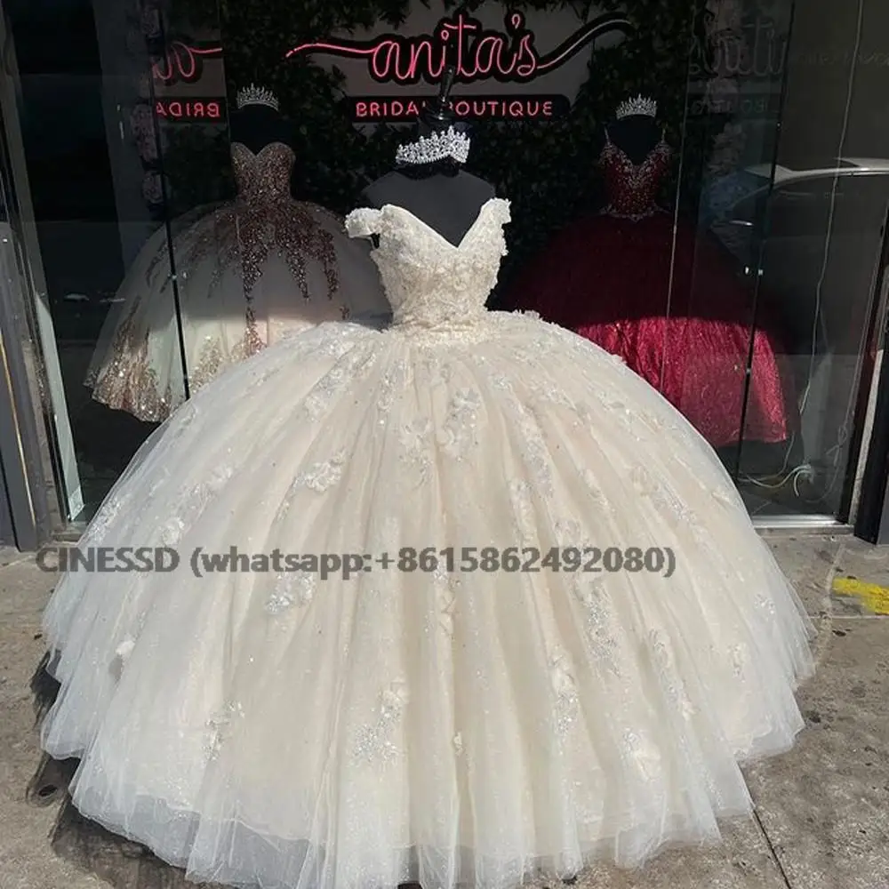 

2022 Princess Quinceanera Dress Off Shoulder Appliques Sequins Flowers Party Sweet 16 Gown Vestidos De 15 Años