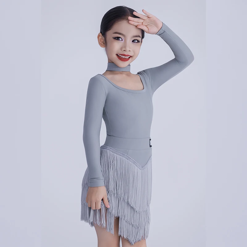 Girls Long Sleeves Latin Dance Fringed Dress Suits Kids Professional Dancing Clothing Children Performance Dance Wear SL14346