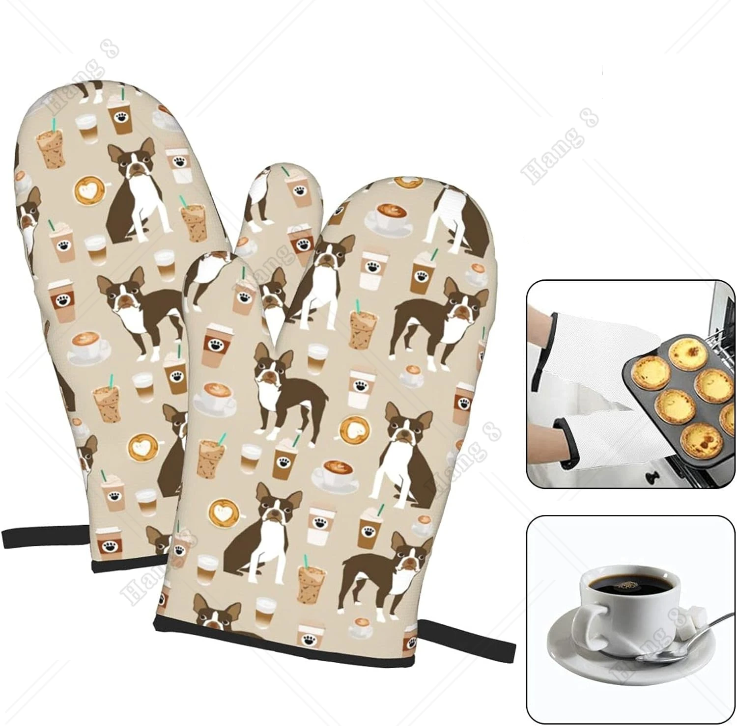 Oven Mitts BBQ Gloves Brown Boston Terrier Dog Dog and Coffee Pattern Non-Slip Heat Resistant Kitchen Oven Mitts Bar Kitchen