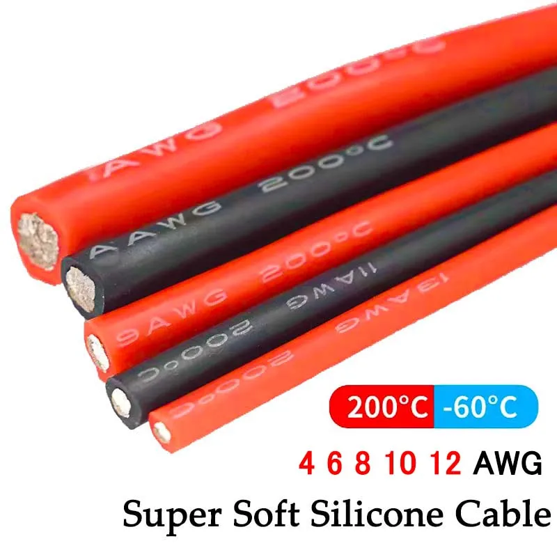 Cabo de Alimentação de Silicone Vermelho e Preto, Fio Elétrico, Cabo de Cobre, Resistente ao Calor, Bateria, Inversor, Motor, Holofotes, 4 AWG, 6 AWG, 8 AWG, 10 AWG, 12 AWG