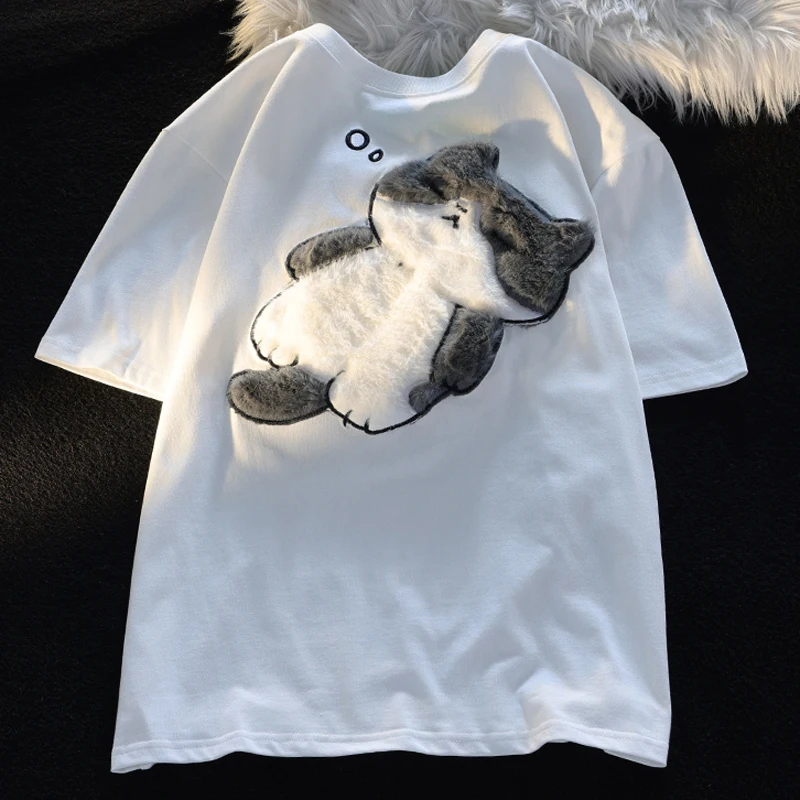 2024 Summer New Cartoon Cat Women\'s T-shirt Korean Simple Casual Women\'s Short Sleeve T-shirt Fun Sweet Cute Y2K Tops