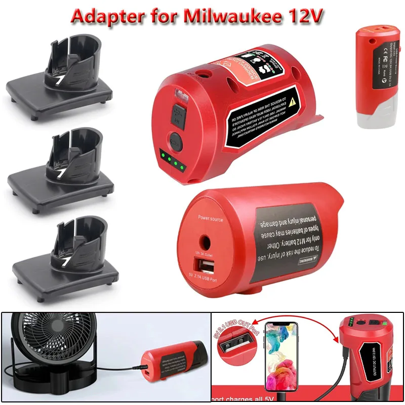 USB Power Source Adapter for Milwaukee 12V Lithium-ion Battery Charger Portable Power Source Adapter,with 2.1A USB Port & DC 12V