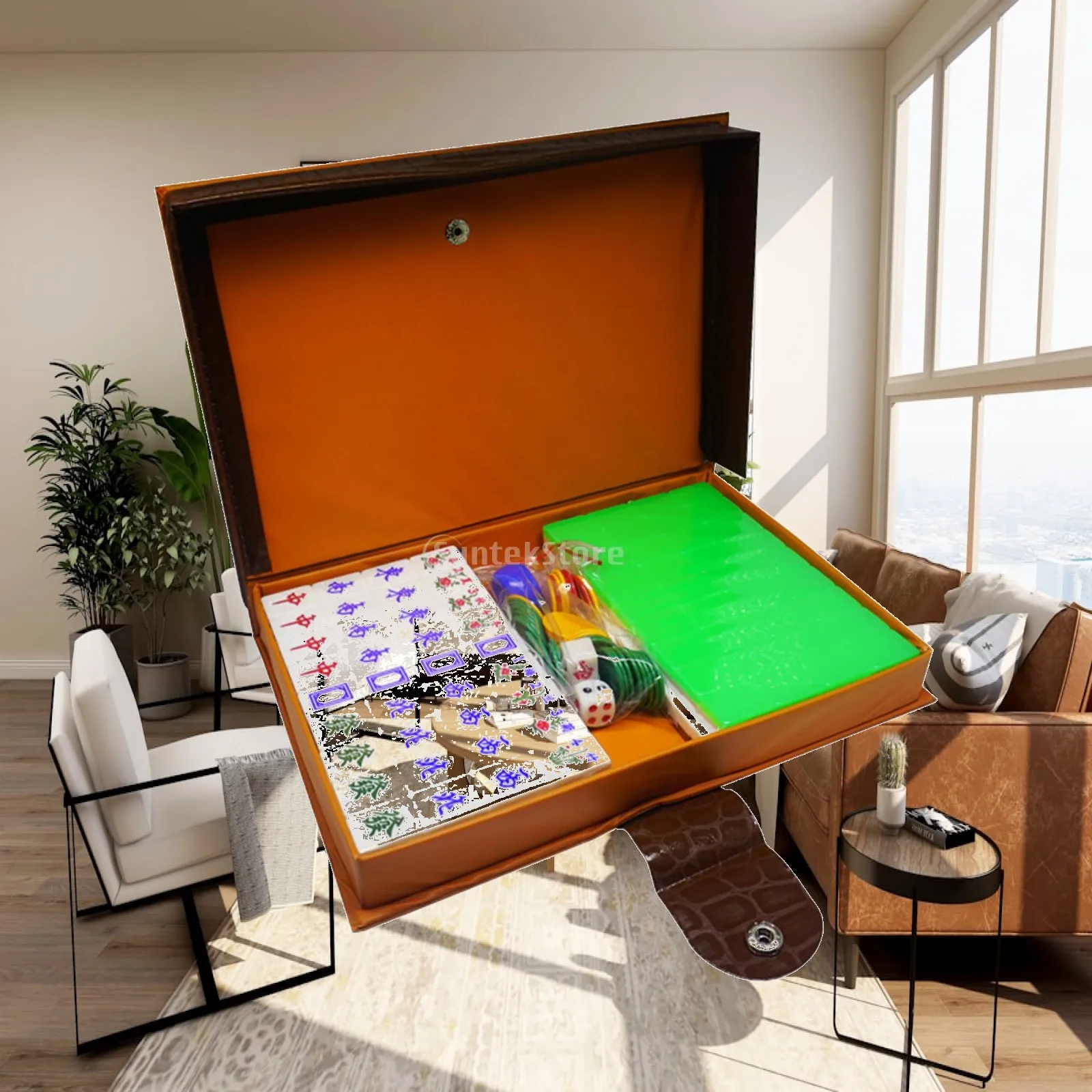 Compact Chinese Mahjong Set with Antique Leather Box 144 Tiles for Travel Party Family Entertainment Fun