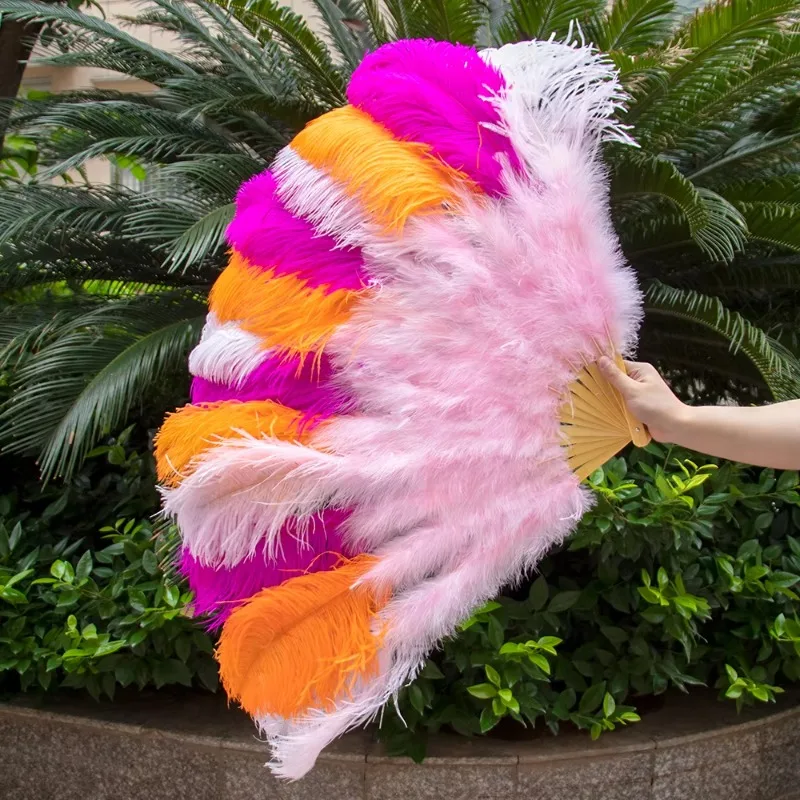 130CM  Big Ostrich Feather Fan Fluffy 13 Bone Handheld Carnival Belly Dance Stage Performance Feather Fan Plumes DIY Crafts