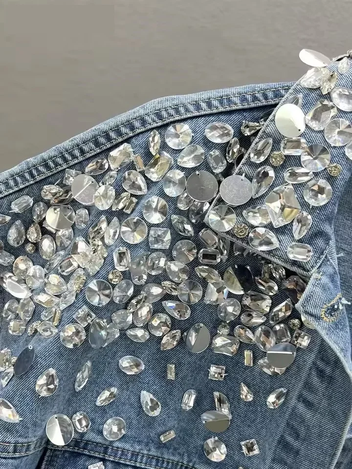 Pop Pop 2025 nouvelle Station européenne lourde incrustée de diamants femmes veste en jean printemps automne ample décontracté à manches longues vêtements d'extérieur haute