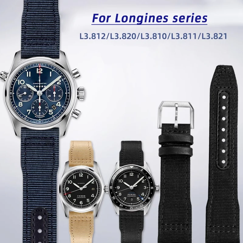 For Longines Pioneer comcast Sports watchband L3.810 L3.820 742 Pilot Nylon Canvas leather bottom Men watch strap 20mm 21mm 22mm