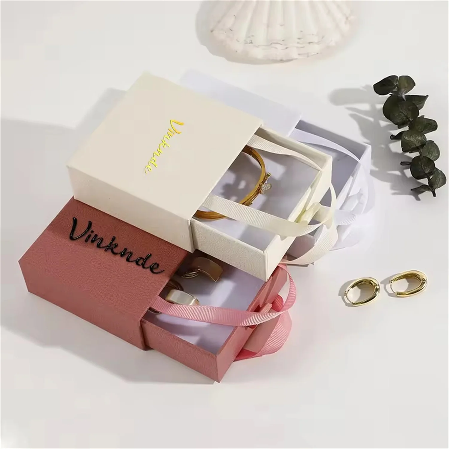 Custom Logo Drawer Jewelry Packaging Box Slider Lychee Pattern Paper Gift Boxes Sliding Ring Necklace Earrings Case with Handle