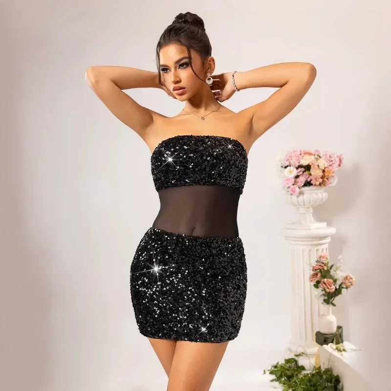 

Sexy women's sequin dress mesh spliced ​​strapless summer skirt