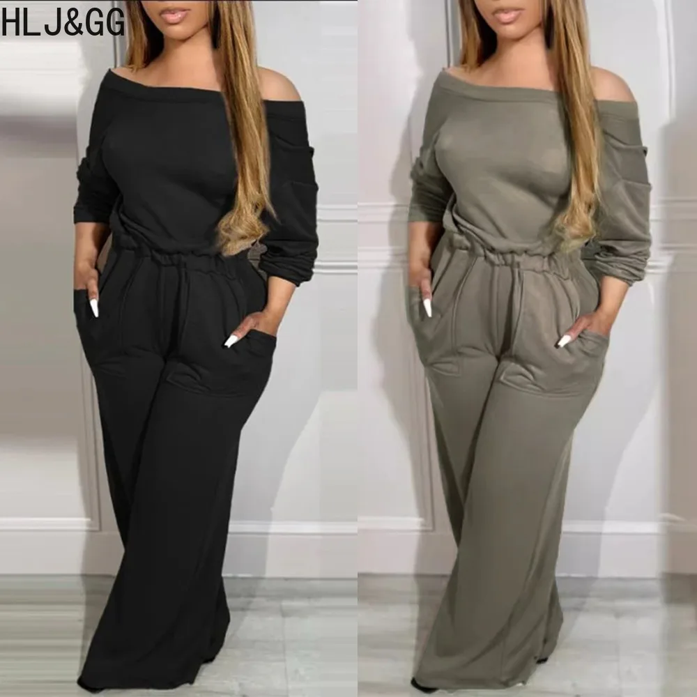 

HLJ&GG Thick High Quality Autumn New Wide Leg Pants One Piece Jumpsuits Women Off Shoulder Long Sleeve Straight Solid Playsuits