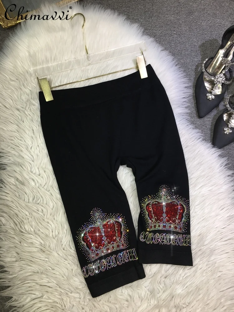 

European Goods Heavy Hot Drilling Shorts Women's Luxury Crown Fifth Pants Tight Cotton Black Skinny Pants Cycling Pants Summer