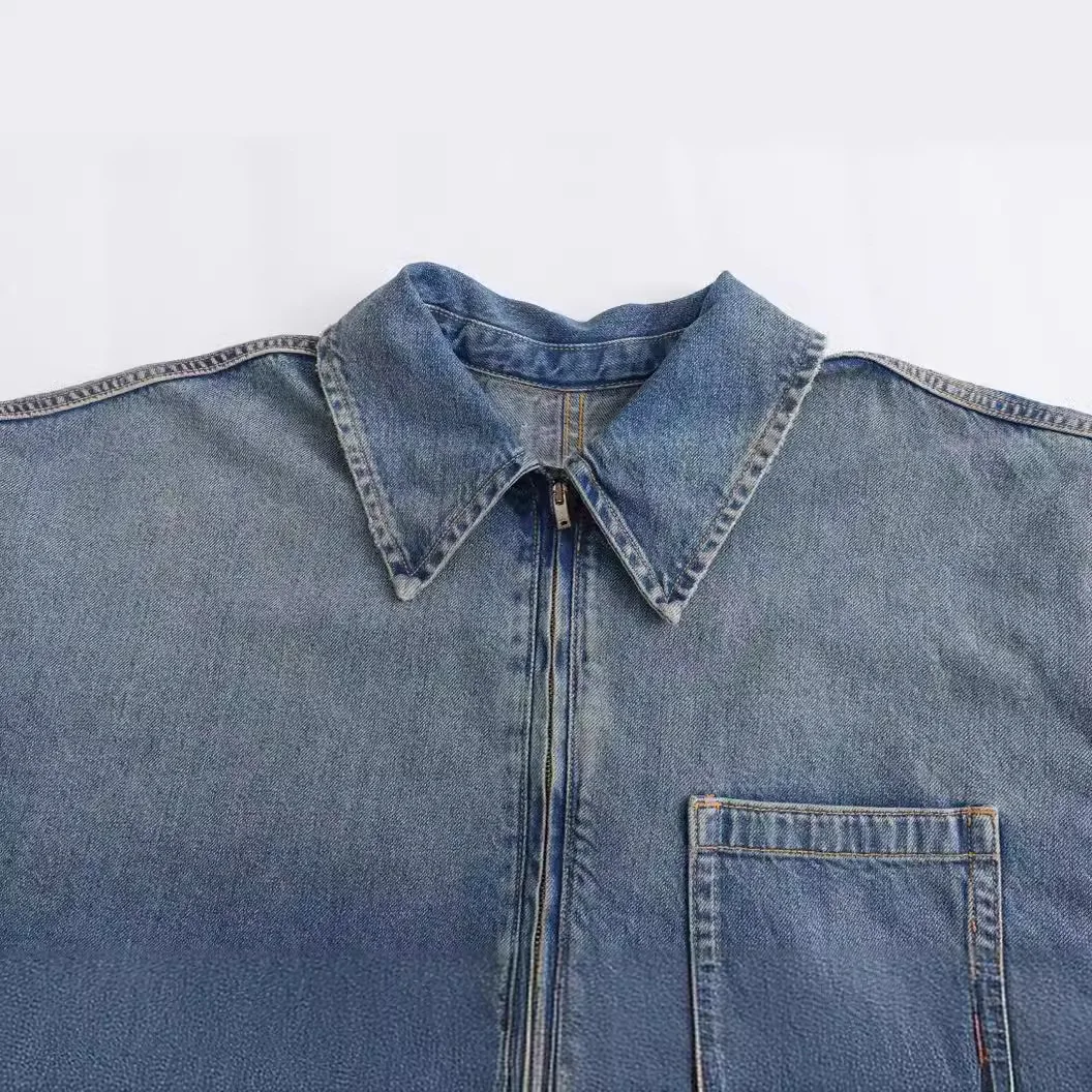 فستان نسائي قصير بأكمام طويلة من الدنيم مع جيب ، ياقة طية صدر ، سحاب أمامي ، فساتين كبيرة الحجم ، موضة نسائية