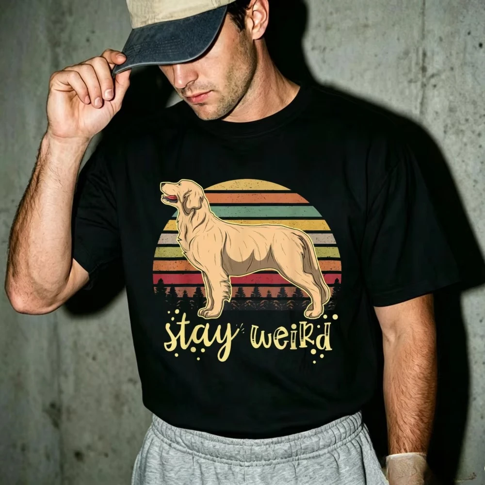 Retro Striped Sunset Golden Retriever Graphic T Shirt Stay Weird Vintage Forest Dog Silhouette Slogan Print Dog Lover Shirts