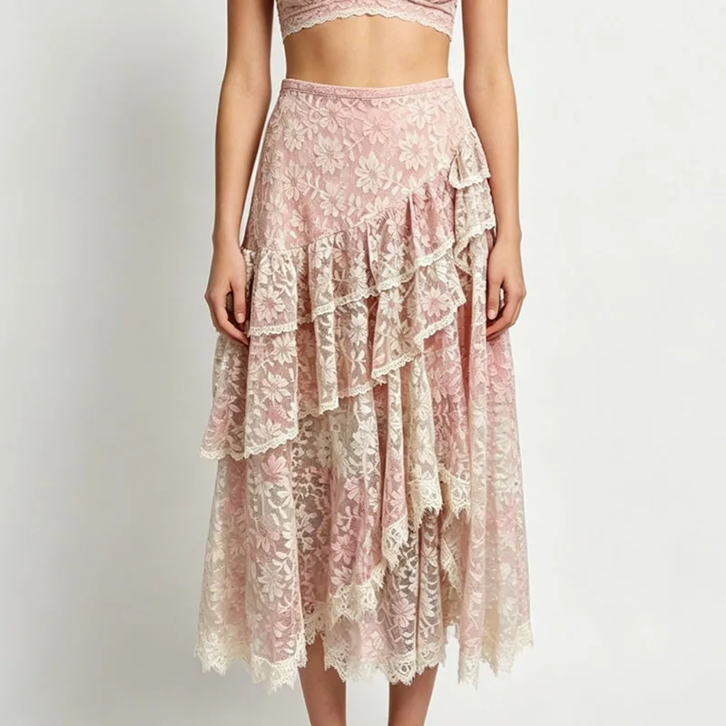 Women Pink Patchwork Skirt Summer Asymmetry Skirt