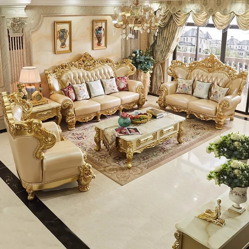 #European Style Double-Sided Carved Solid Wood Sectional Sofa Set Single Modular Cowhide Covered High Density Sponge Filled Sofa