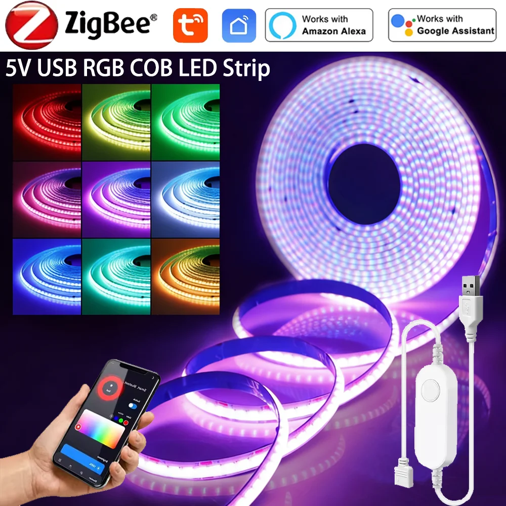 Zigbee Tuya Smart 5V USB RGB COB LED Strip Light 576LEDs/M Dimmable Smart Lamp Voice Control Room Decor Work with Alexa Google