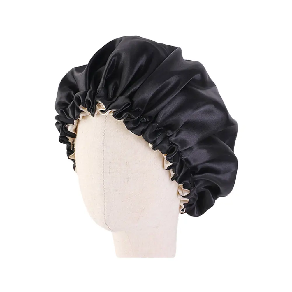 Satin Sleeping Cap for Kids Double Layer Elastic Adjustable Night Hat Hair Protection Wash Face Shower Comfort Fit Black