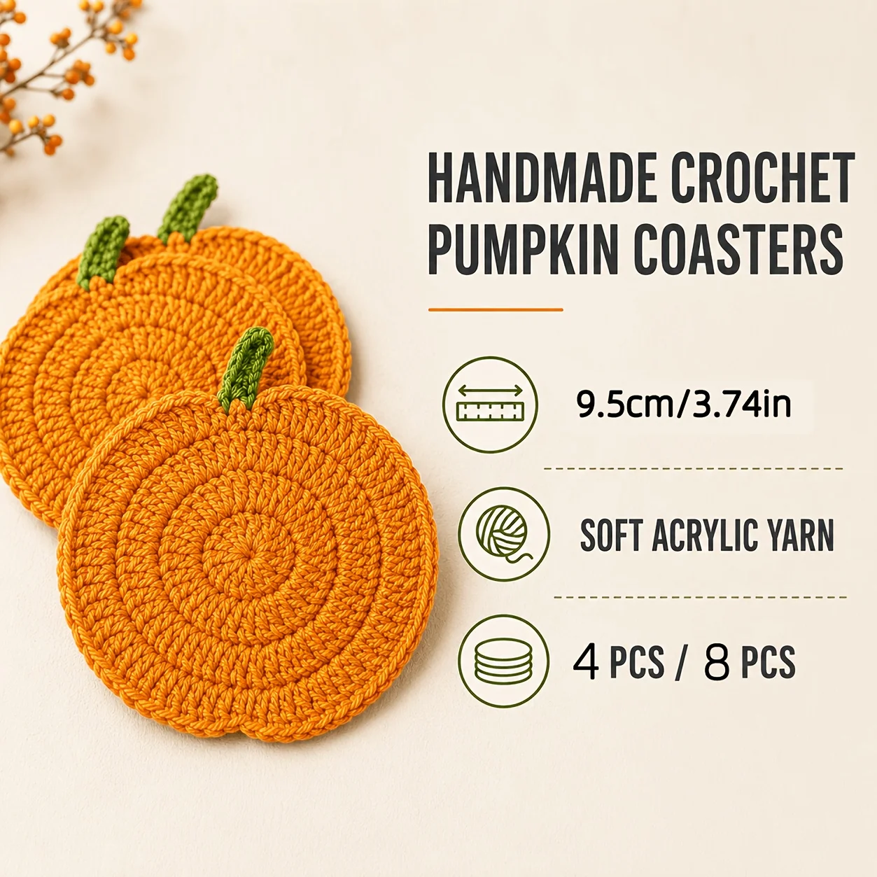 4pcs Crochet Pumpkin Coasters, Handmade Woven Fabric Drink Mats, Autumn Harvest Thanksgiving Kitchen Table Decor, Party Favors.