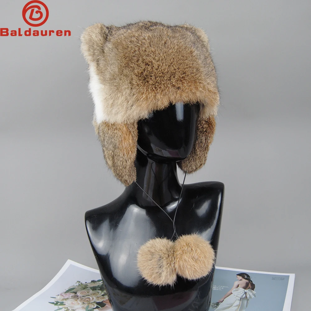 

2024 New luxurious Brand Women Real Rabbit Fur Bomber Pom Pom Hats Winter Lady Warm Fluffy Rabbit Fur Hat Natural Rabbit Fur Cap