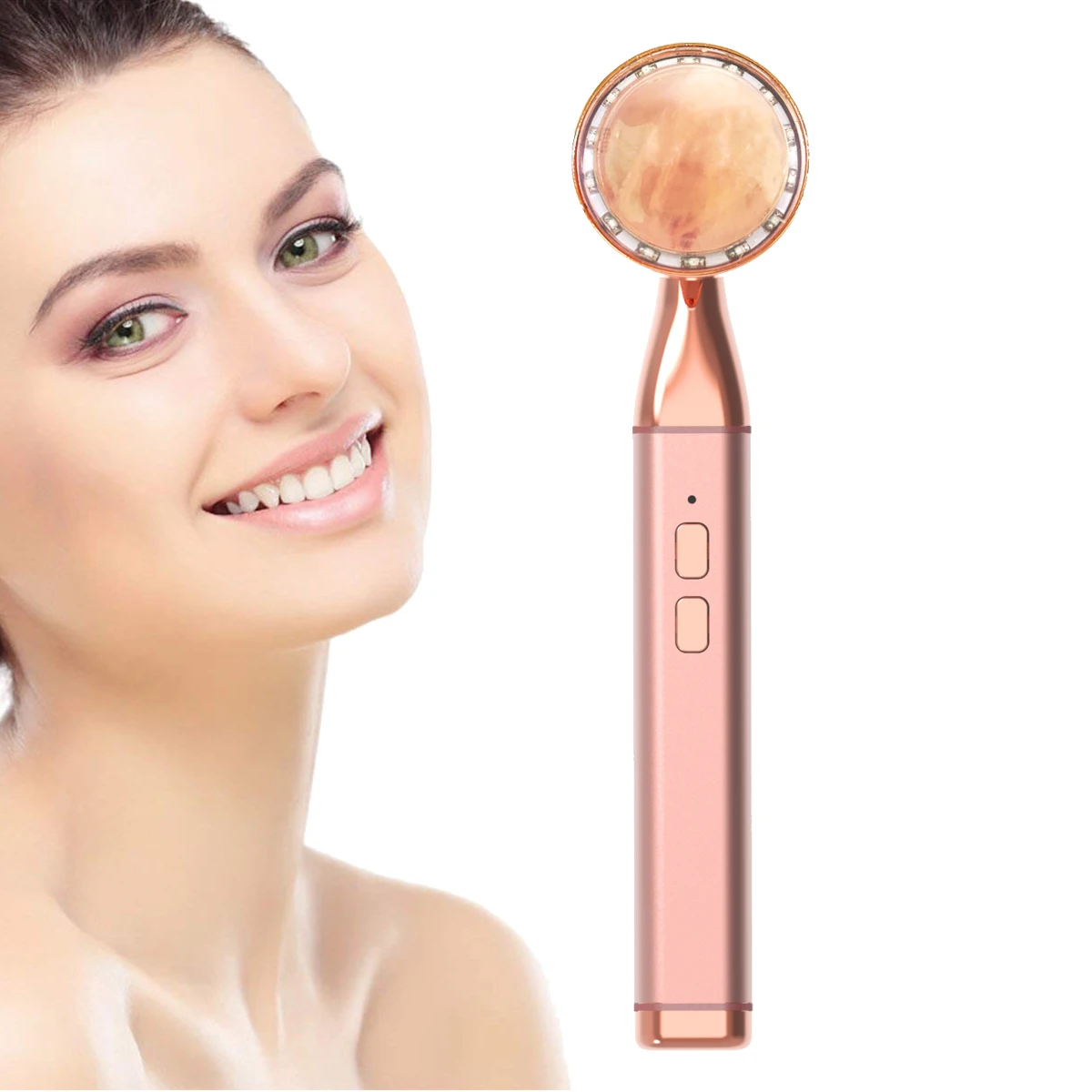 

Best Seller USB Powered Luminous Hot Compress Vibrating Sonic Rose Quartz Handheld Skin Care Home Beauty Equipment