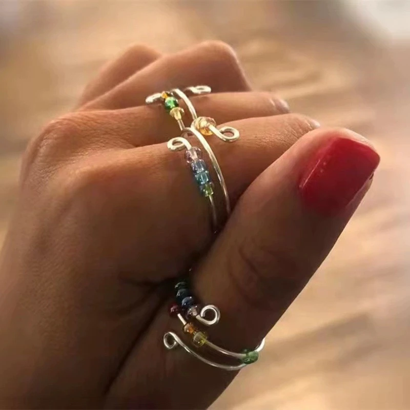 Rotating Fidget Spinner Ring for Anxiety Stress Relief Open Adjustable Rings Rainbow Beads Calming Dainty Jewelry