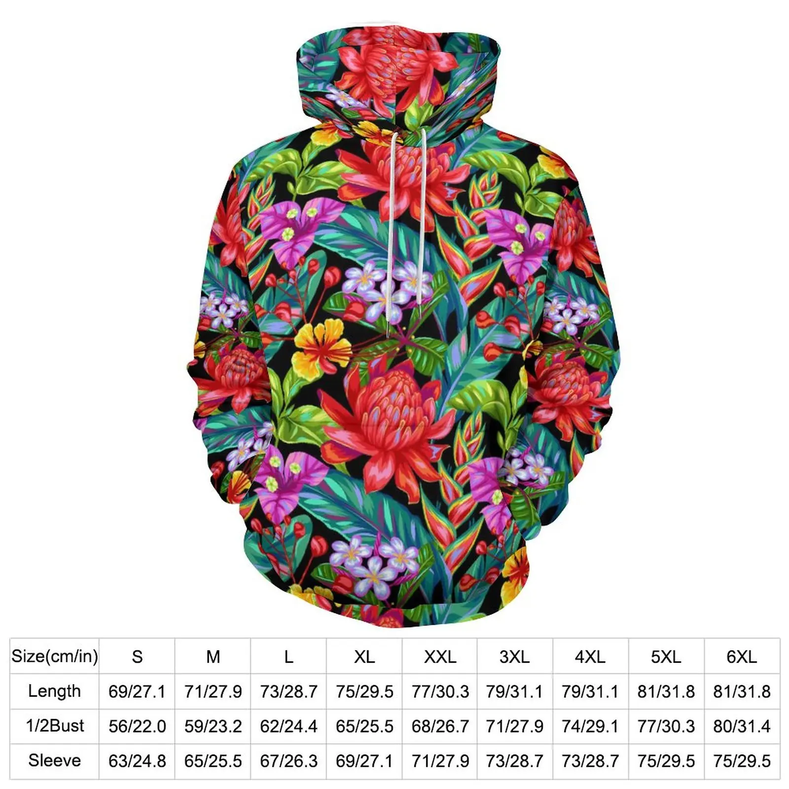 Tropical Floral Casual Hoodies Red Flower Print Loose Hoodie Male Long Sleeve Modern Custom Clothing Plus Size