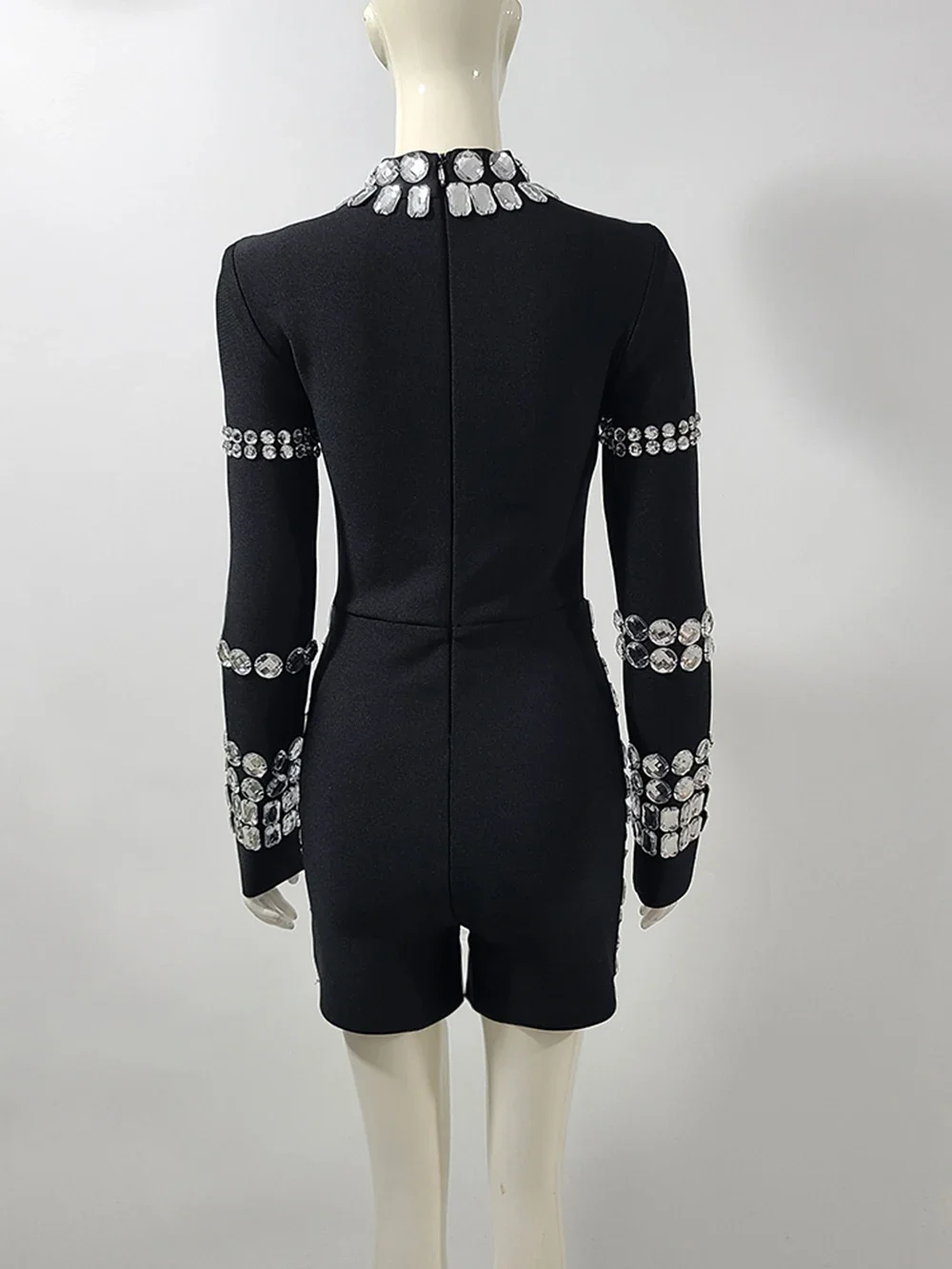 Bodycon Crystal Diamond Sexy Rompers Women Bandage Jumpsuit Long Sleeve Playsuit Black Femme Y2k One Piece Bodysuit