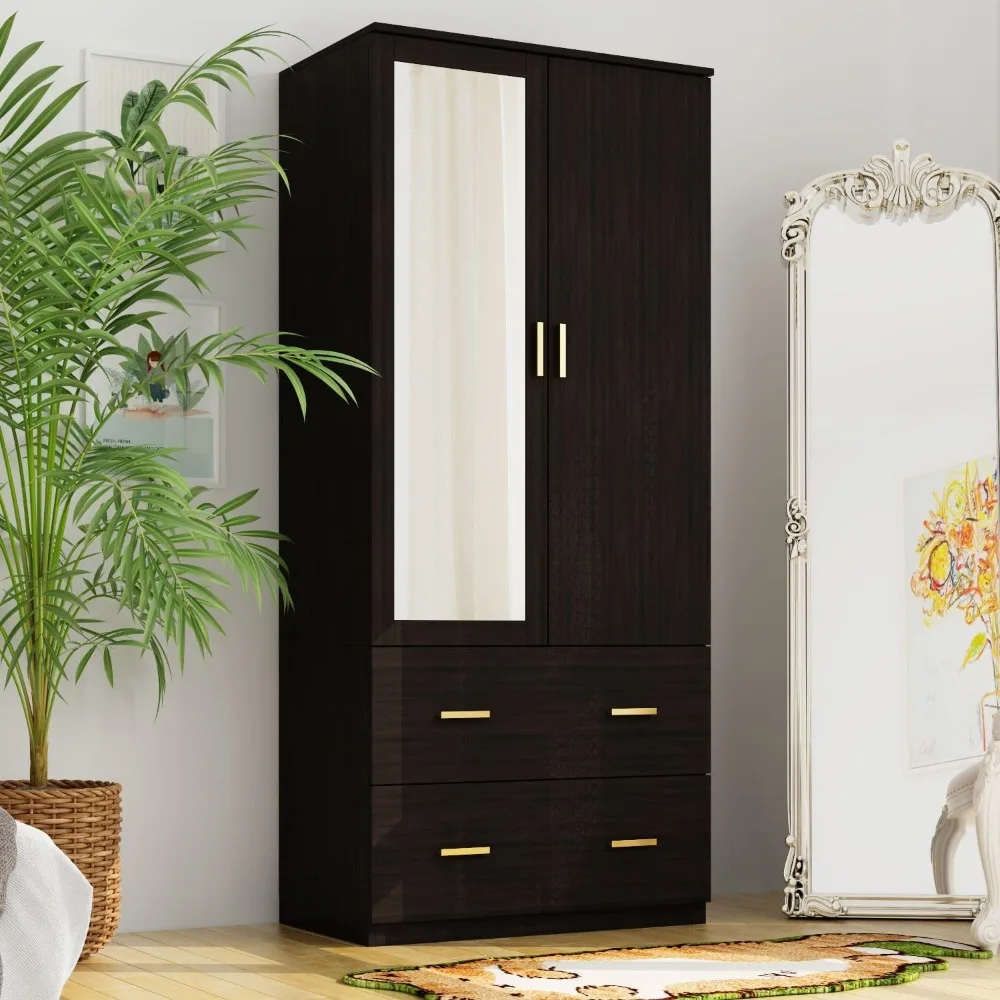 Armoire Wardrobe with Mirror & 2 Drawers, 2-Door Wardrobe with Shelves & Hanging Rod, Gold Metal Handles