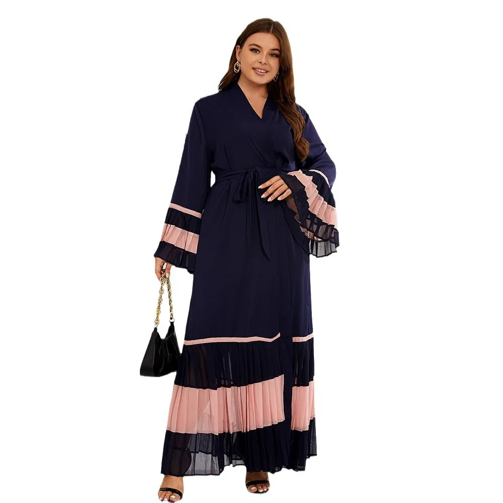 

Middle Eastern Muslim robe dress, African fashion pleated color blocked long sleeved dress muslim dress women