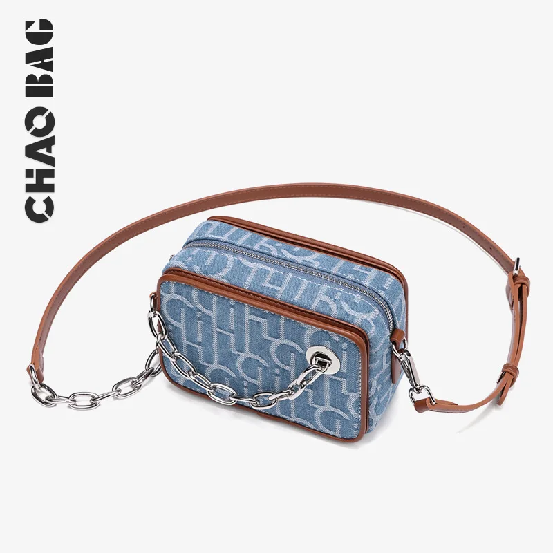 Original niche designer men's bag light luxury presbytery box bag Denim chain Crossbody bag small square camera bag fashion