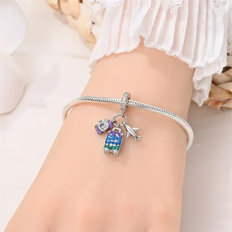 925 Sterling Silver Fashion Colorful Travel Luggage Charms Beads Fit  Original Bracelets DIY Anniversary Jewelry for Wome