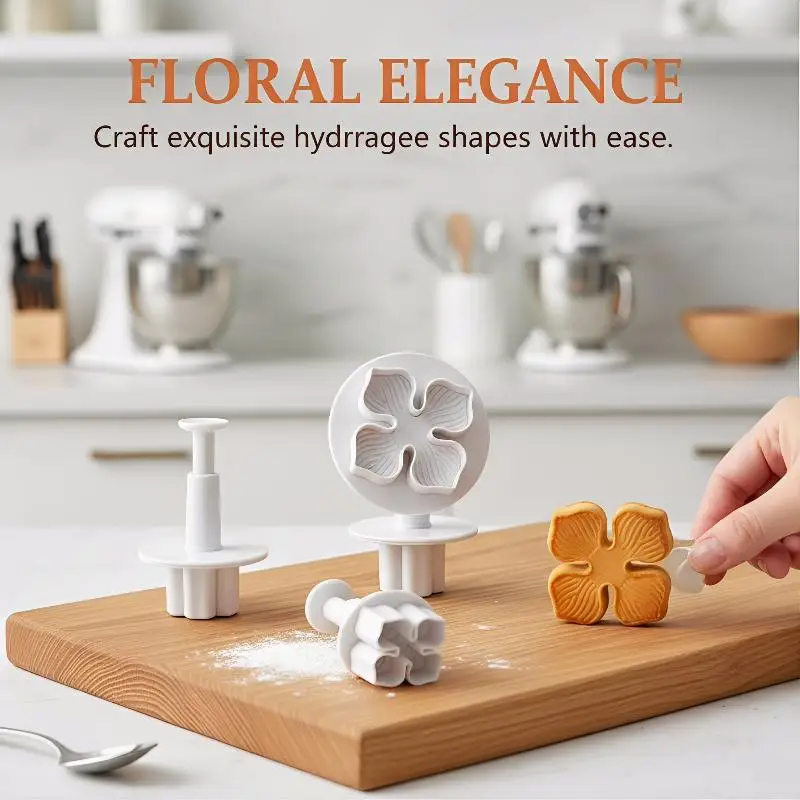 3Pcs Set Fondant Hydrangea Plunger Cutter Plastic Flower Mold Cake Decorating DIY Baking Supplies for Birthday Kitchen Use