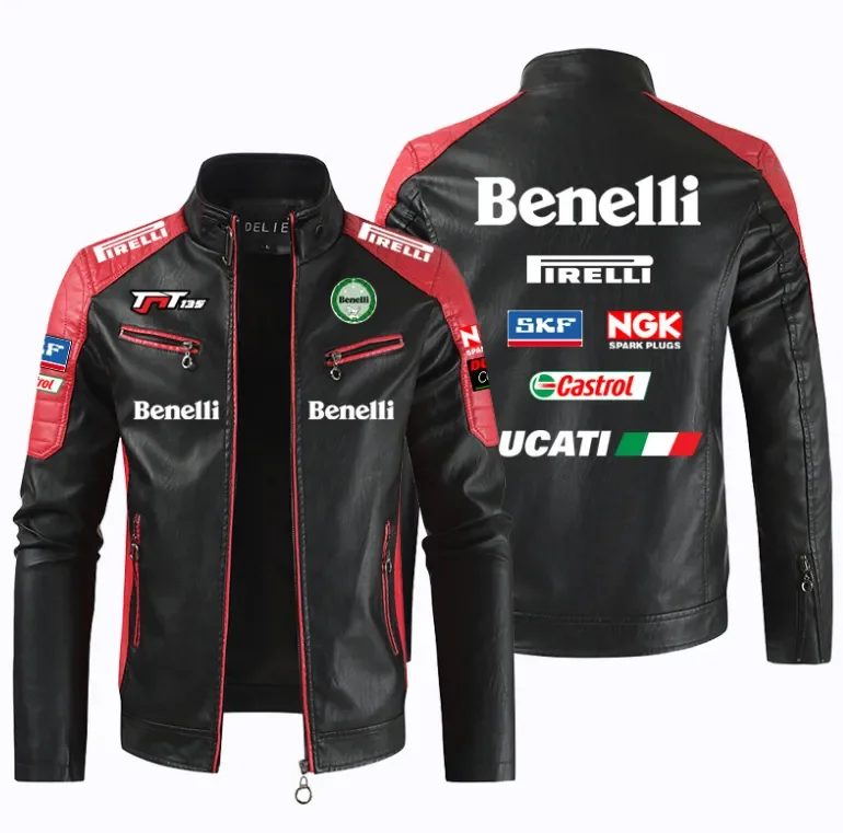 2023BENELLI Logo na samochód kurtka ze skóry sztucznej motocyklowy patchworkowy kurtki motocyklowe w stylu Casual, na zamek błyskawiczny płaszcz męski kurtka motocyklowa